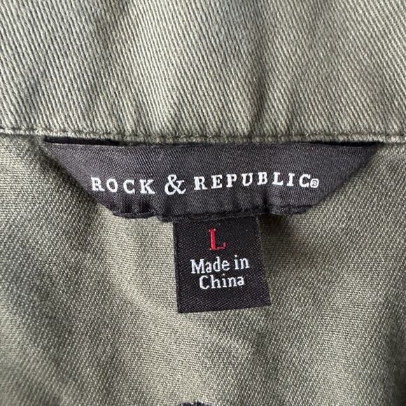 Rock & Republic Olive Green Short Sleeve Snap Button Crop Jacket Embroidered L - Picture 3 of 11